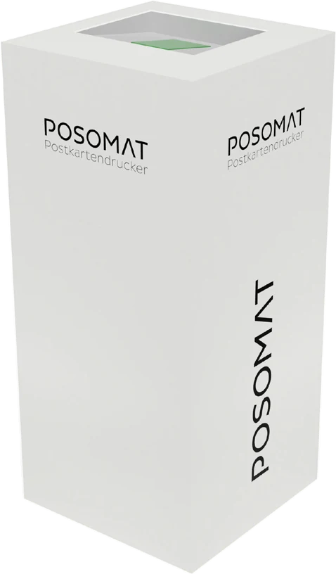 The D3300 postcard printer cut out: white cube with POSOMAT lettering