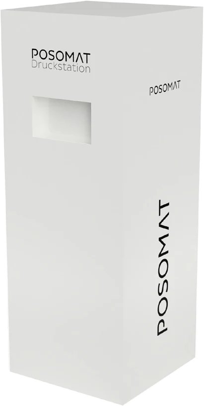 The DS3000 print station cut out: white cube with base and output tray