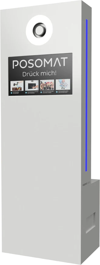 The POSOMAT L3000 cut out: white photo booth with camera, screen, side LED strip and printer compartment