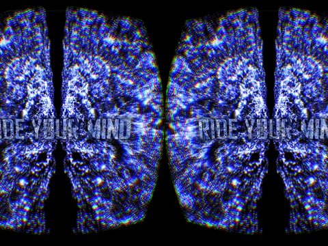 Colourful, mirror symmetrical visualisation of brain activity with the lettering Ride Your Mind