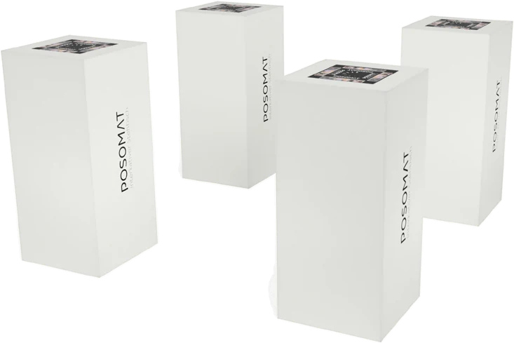 Four white interactive bar tables with a display on top